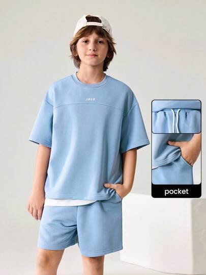 JNSQ Conjunto informal de camiseta y pantalones cortos para niño preadolescente para volver al colegio, conjunto informal de camiseta de cuello redondo y pantalones cortos para deportes al aire libre para niños en otoño