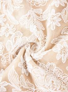 SHEIN Clasi 女款優雅V領短袖修身刺繡網紗迷你洋裝，米色，夏季，婚禮賓客，蕾絲辦公室穿搭，金白色嘉年華穿搭 - 白色 - 查看 13