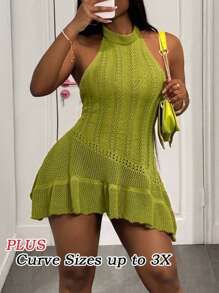 Váy len ngắn màu xanh lá cây hở lưng không tay, hở lưng, viền bất đối xứng, cỡ lớn, mùa xuân/hè 2025 mới - Màu xanh Ô liu - Xem 1