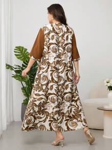 Lacomfia Plus Size Women's Casual Vintage Floral Print Loose 3/4 Sleeve Maxi Dress, Vacation Style - Khaki - View 2