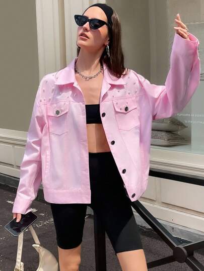 Aveloria Affinna Chaqueta reversible de hombro casual de unicolor con remaches hechos a mano, estilo europeo y americano de moda