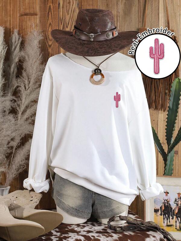 SHEIN EZwear Casual Minimalist Pink Embroidered Cactus Pattern Women's Off-Shoulder Loose Fit Long Sleeve Sweatshirt, Suitable For Autumn/Winter, Women's Autumn/Winter Clothing