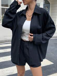 DAZY 女士夏季宽松休闲衬衫和短裤两件套 - 藏蓝色 - 查看 2