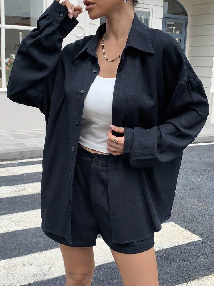 Women's Summer Loose Casual Shirt And Shorts 2 Pieces Set