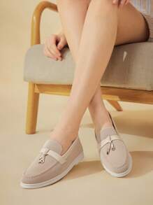 CUCCOO BASICS 女士休闲圆头度假舒适乐福鞋平底套脚鞋，针织杏色高鞋面 - 杏色 - 查看 4