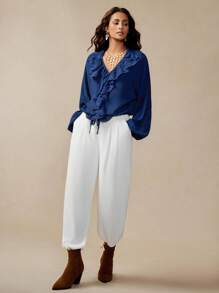 Florisole Áo cánh tay đèn lồng cổ điển cho nữ, viền bèo nhún ren, màu xanh navy, áo cánh bèo nhún xuân/thu, áo cánh màu xanh, viền ren, áo cánh nữ - Màu xanh hải quân - Xem 4