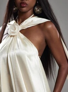 NYA SZN Dress Halter Neck Rose Detail Drape Detail Elegant Formal Wedding Guest Bridal Party Special Occasion Event Ibiza Cool Girl Holiday Satin Mini Length Thanksgiving Christmas NYE New Years Eve Outfits For Women