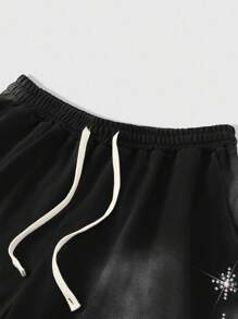 ROMWE MEN Street Life Men's Drawstring Waist Pocketed Casual Rhinestone Decor Shorts - Black - View 4