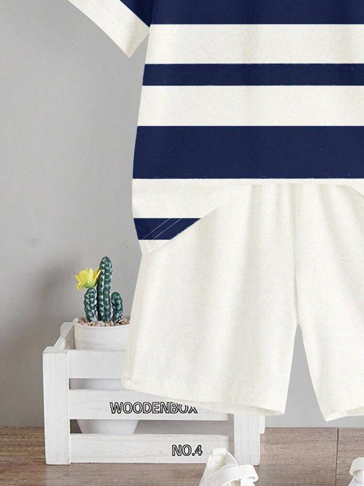 2pcs/Set Young Boy Casual Minimalist Round Neck Short Sleeve T-Shirt And Shorts, Suitable For Summer Toddler Boy Summer Clothes Boy Stripe Outfit Little Boys Clothes Short Sleeve Kids Clothes Boys Summer Outfit Set Boys Summer Outfit - Multicolor - View 5
