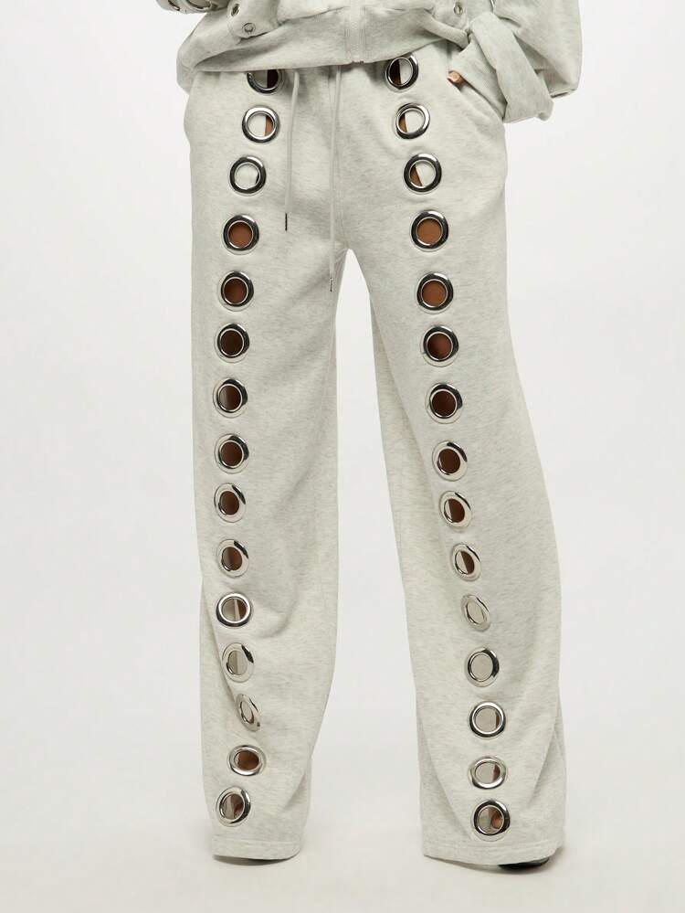 SUMWON Pantalon de survêtement oversize à jambes larges avec détail d'œillet en métal. Molleton premium, vêtement de détente casual, mode de rue Top de gamme pour l'automne et l'hiver