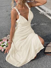 Serisse 女式纯色侧开衩下摆深V领性感细肩带中长连衣裙 - 杏色 - 查看 3