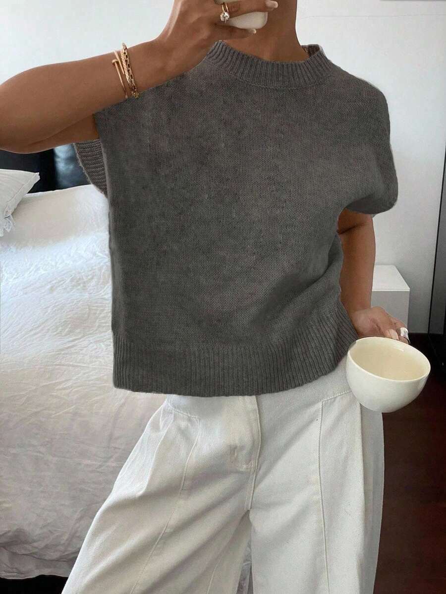 Siren Gaze 女士法式休闲无袖宽松针织衬衫，百搭日常穿着 - 深灰色 - 查看 1