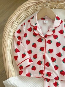 SHEIN 2 piezas Conjunto de pijama para bebé niña con Top de manga larga con estampado de fresa y pantalones sueltos - Rosa - Ver 3
