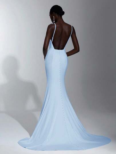 Elitara Elegant Spaghetti Strap Backless Applique Fishtail Trailing Button Decor Wedding Dress