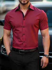 Manfinity Mode Men's Solid Color Button-Up Short Sleeve Formal Work Shirt - Burgundy - View 1