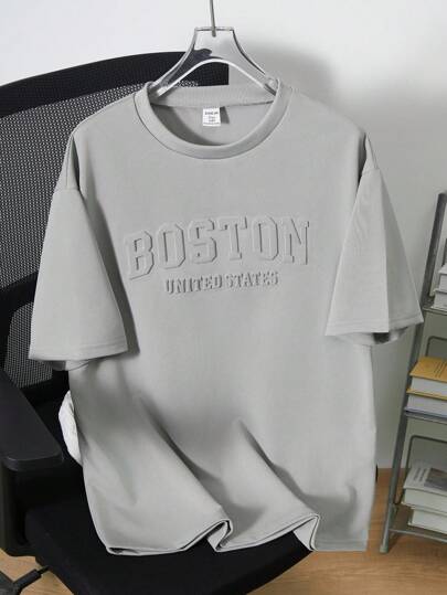 青少年男孩休闲灰色压花宽松T恤，适合休闲、上学、运动、户外穿着