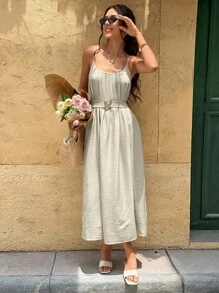 SHEIN Frenchy 女士休闲褶皱腰吊带连衣裙，夏季 - 杏色 - 查看 7