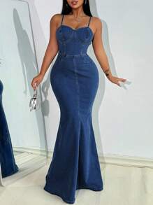 SHEIN Lady Women's Sexy Bodycon Denim Slip Dress, Blue Denim Mermaid Dress - Dark Wash - View 5