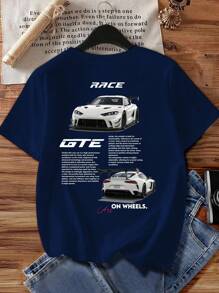 Manfinity Dauomo 男式修身珠地网眼面料赛车图案圆领短袖 T 恤 - 藏蓝色 - 查看 1