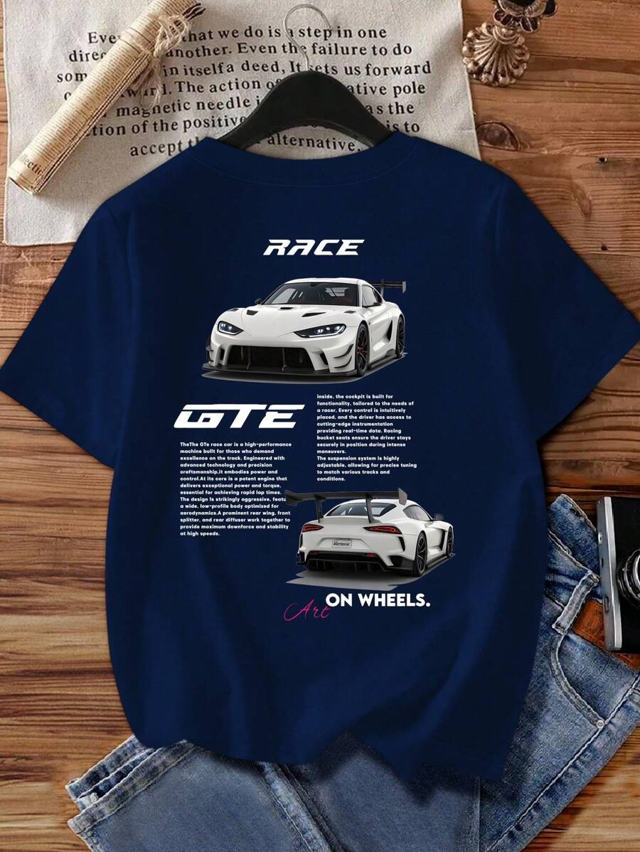 Manfinity Dauomo 男式修身珠地网眼面料赛车图案圆领短袖 T 恤 - 藏蓝色 - 查看 1