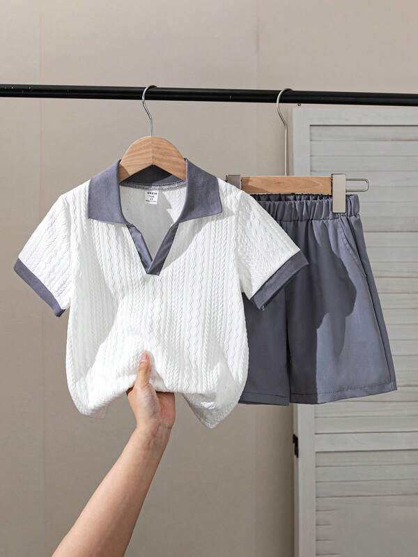 Genkimix Kids 夏季新款韩版学院风幼儿男童两件套：条纹 Polo 领短袖针织上衣 + 海军蓝休闲短裤