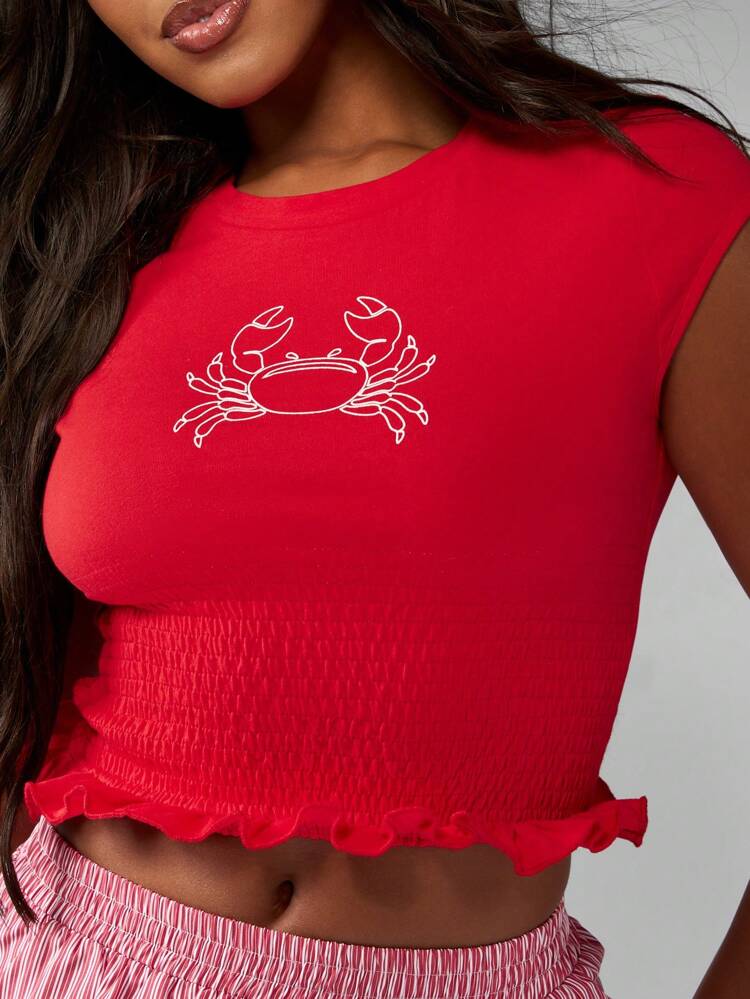 MISSGUIDED Summer Shirred Crop Top Crab Graphic Print Smocked Waist Ruffle Hem T-Shirt Beach Holiday Coastal Style Vacation Resort Wear Tropical Fashion
