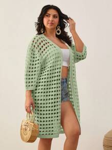 EURMUSE Drop Shoulder Open Knit Duster Cardigan - Mint Green - View 3