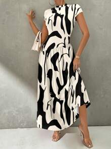 Firerie Lässiges, elegantes Maxikleid für Damen mit abstraktem Schwarz-Weiß Pinselstrich-Muster, asymmetrischer Taille, geeignet für Sommer, Party, Strand und Ausgehen