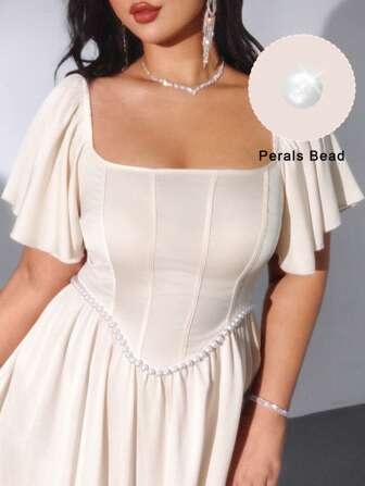 Lyrianda Plus Size Women's Spring/Summer Turndown Collar, Frill Sleeve, Faux Pearl Decor, A-Line Waist Charmeuse Maxi Dress, Elegant Vintage For Gathering, Holiday, Party, Wedding