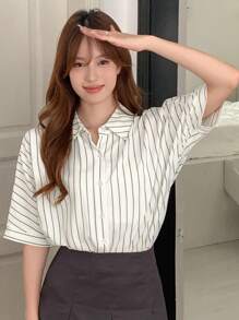 DAZY Vertical Stripe Batwing Sleeve Shirt - White - View 1