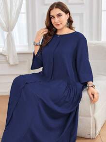 Al Najma Women's Loose Fit Round Neck 3/4 Sleeve Dress With Large Pockets, Comfortable Linen Look, Casual Daily Wear, Plus Size - Navy Blue - View 5