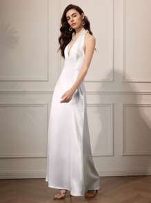 Briarwyn Vestido elegante de unicolor sin espalda con cuello halter, ropa de otoño, estilo de mujer de dinero antiguo, atuendo de fiesta todo blanco para mujer, atuendo de cita nocturna para mujer, atuendo de vacaciones para mujer, vestido de invitada de boda para mujer, vestidos de fiesta para mujer. - Blanco - Ver 6