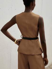 Aveloria Modichic Áo khoác Blazer nữ không tay khóa kim loại bất đối xứng thiết kế độc đáo cổ tròn thắt eo thắt lưng da giả kim loại - Cà phê nâu - Xem 2