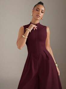 Bộ đồ liền thân không tay có khóa kéo phía trước ống rộng cực chất - Màu Đỏ Sâu - Xem 2