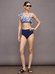 Activina Women's Floral Print Ruffle Asymmetric Neck Sports Bikini Set For Vaction