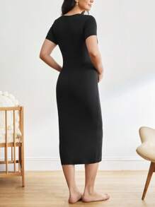 Moonlight&Mama Maternity Solid Color Round Neck Short Sleeve Fitted Casual Dress - Black - View 3