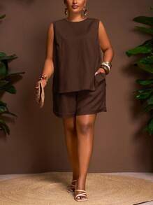 Slaydiva Slaydiva 2025 New Arrivals Plus Size Casual Loose Solid Color Sleeveless Top And Shorts 2 Pieces Set Brown Short Sets Women Short Sets Brown Clothes Dark Brown Top Chocolate Brown Top,Fall Clothes For Women