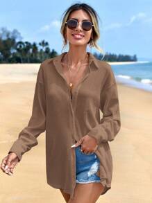 EURMUSE Women's Solid Color Drop Shoulder Long Sleeve Single-Breasted Casual Shirt - Mocha Brown - View 7