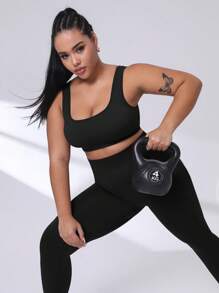 Gameset SHEIN Sport Plusstorlekar med bred midja och sportleggings för yoga för kvinnor - Svart - Visa 7