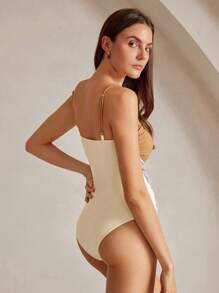 Anewsta Sexy Hollow Out Criss-Cross Strap Orange Bodysuit For Women - Apricot - View 10