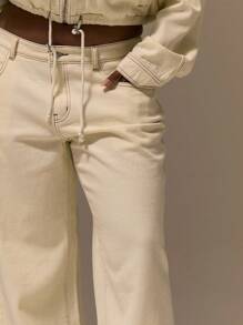 MUSERA 加大码米色水洗对比缝线阔腿牛仔裤可爱夏日假期优雅浪漫曲线农舍秋季