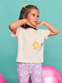 SHEIN 年轻女孩休闲简约舒适圆领套头短袖T恤 - 杏色 - 查看 1