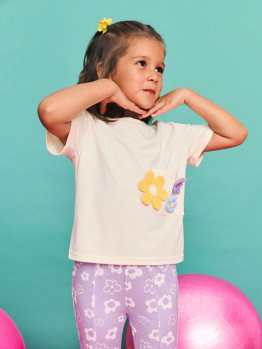 SHEIN 年轻女孩休闲简约舒适圆领套头短袖T恤 - 杏色 - 查看 1