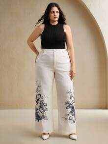 Anewsta Casual Loose Fit Wide Leg Ink Print White Denim Pants, Versatile For Autumn/Winter - White - View 6