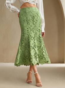 Anewsta 女士时尚优雅拼接设计重磅蕾丝镂空鱼尾裙 - 綠色 - 查看 5