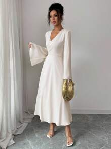 Elenzga Women's Long Flared Sleeve Split Design Apricot Dress Fall Cloth For Women - Apricot - View 4