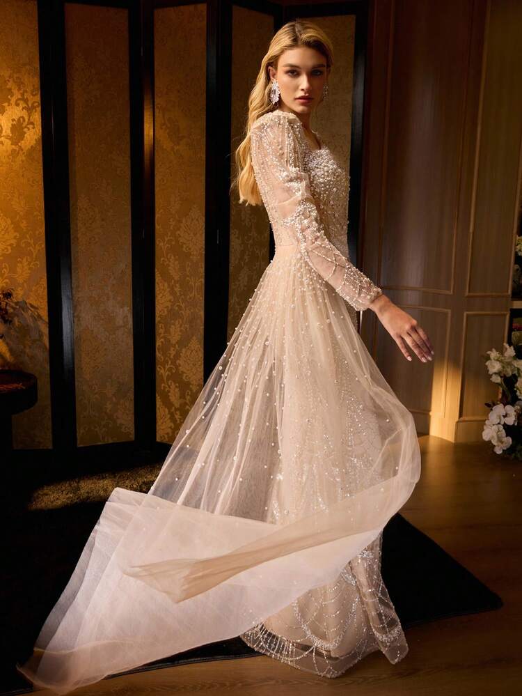 MOTF Soiréza LONG SLEEVE ASYMMETRICAL PEARL DETAIL NECKLINE MAXI BEADED EVENING DRESS WITH MERMAID HEM & SHEER OVERLAY PERFECT FOR GALA EVENTS AND BLACK TIE OCCASIONS