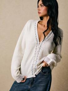 Poéselle Cárdigan casual de mujer de manga larga con contraste de encaje y abotonadura sencilla, ropa de otoño e invierno para mujeres - Blanco - Ver 7