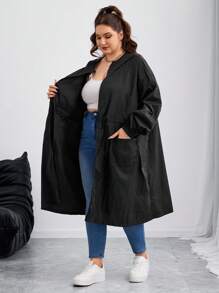 SHEIN CURVE+ Curves Plus Size/Chool Clothes/Back To School Clothes /Back To SchoolPlus Size Women Black Gathered Waist Long Trench Coat, Autumn/Winter Fall