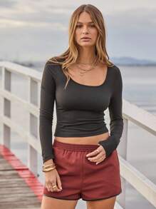 Aralina Women's Solid Color Round Neck Long Sleeve Cropped Slim Fit Casual T-Shirt